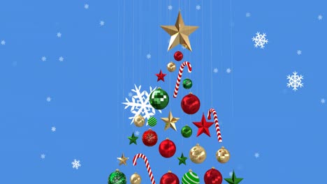 Animation-of-snow-falling-over-christmas-tree-and-decorations-on-blue-background