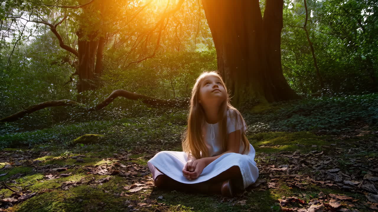 Young girl sits peacefully in a sunlit enchanted forest