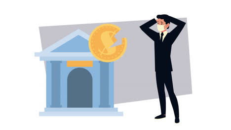 worried businessman in front of a bank with a broken dollar coin