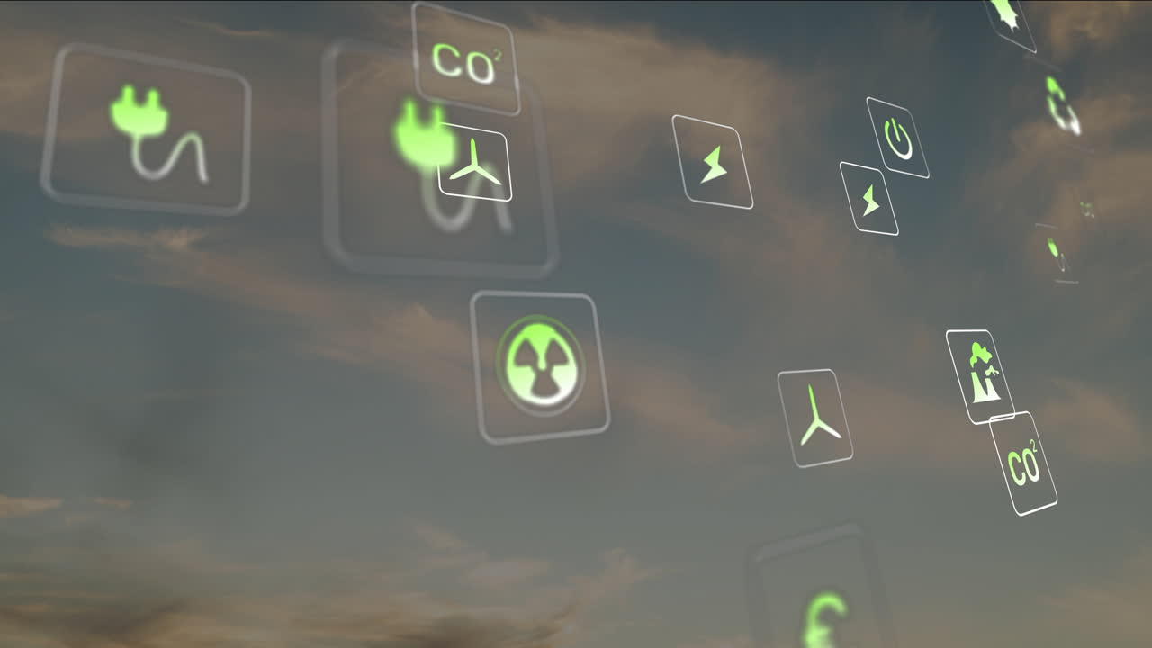 Floating eco-friendly icons in animation, representing sustainability and renewable energy