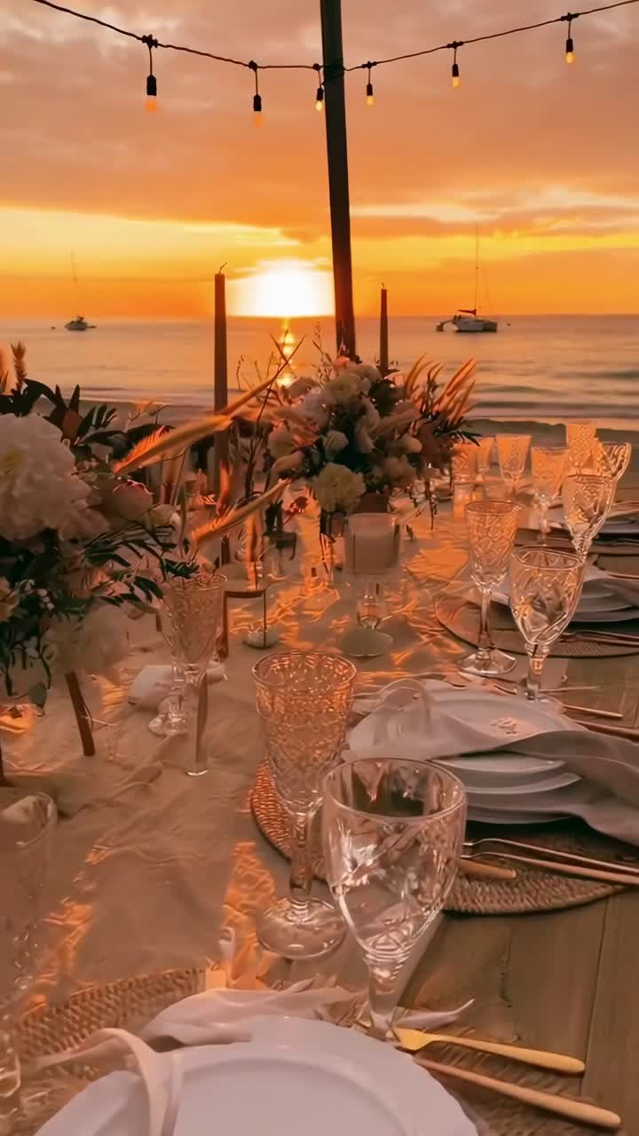 Configuração elegante de jantar na praia ao pôr do sol, capturada em um vídeo grande angular, exibindo a decoração floral