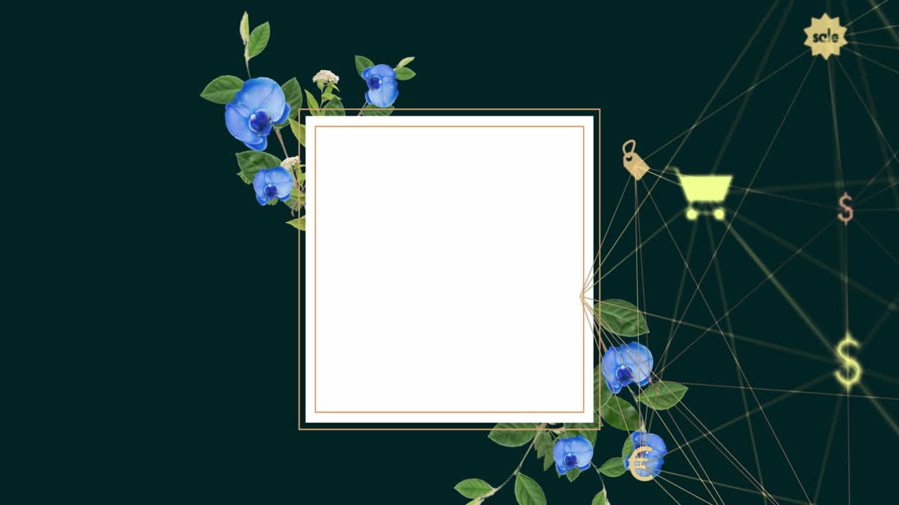 Animation of network of connections with icons over screen with flowers