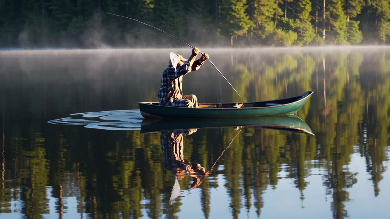 Pria Memancing di Danau yang Tenang dan Berkabut