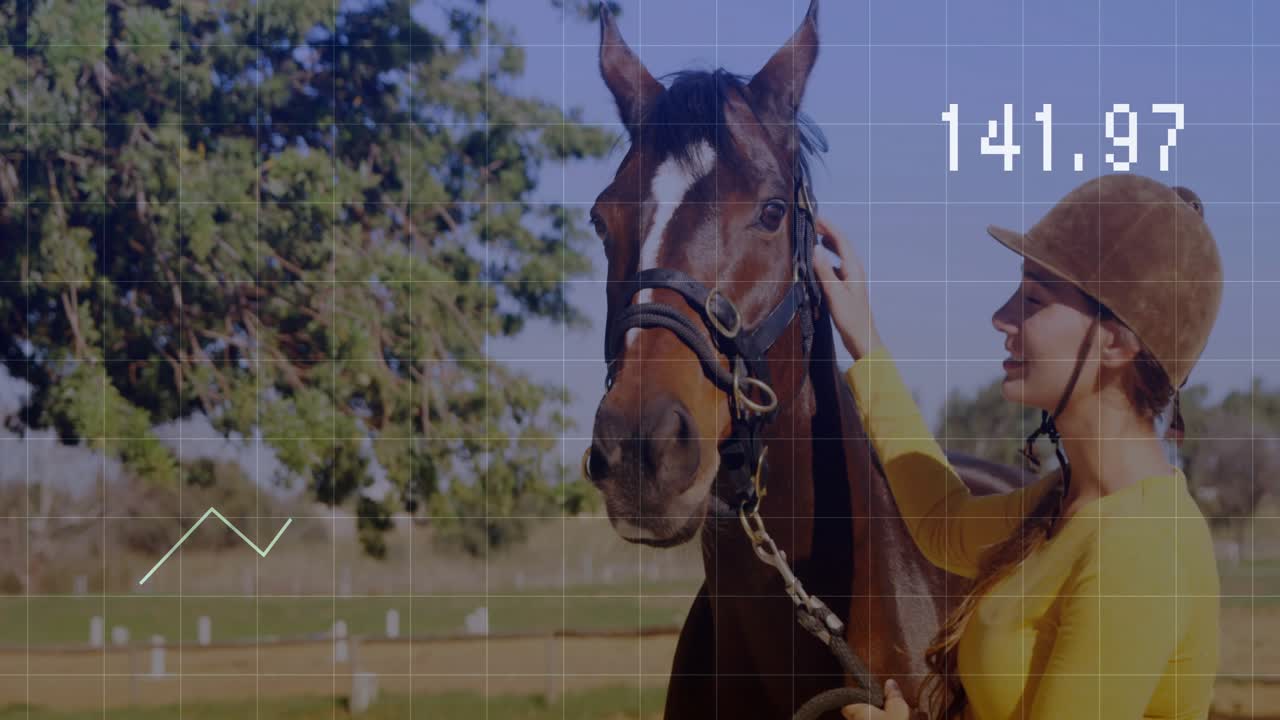 Female equestrian touching bay horse muzzle and monitoring health grid line graph climbing