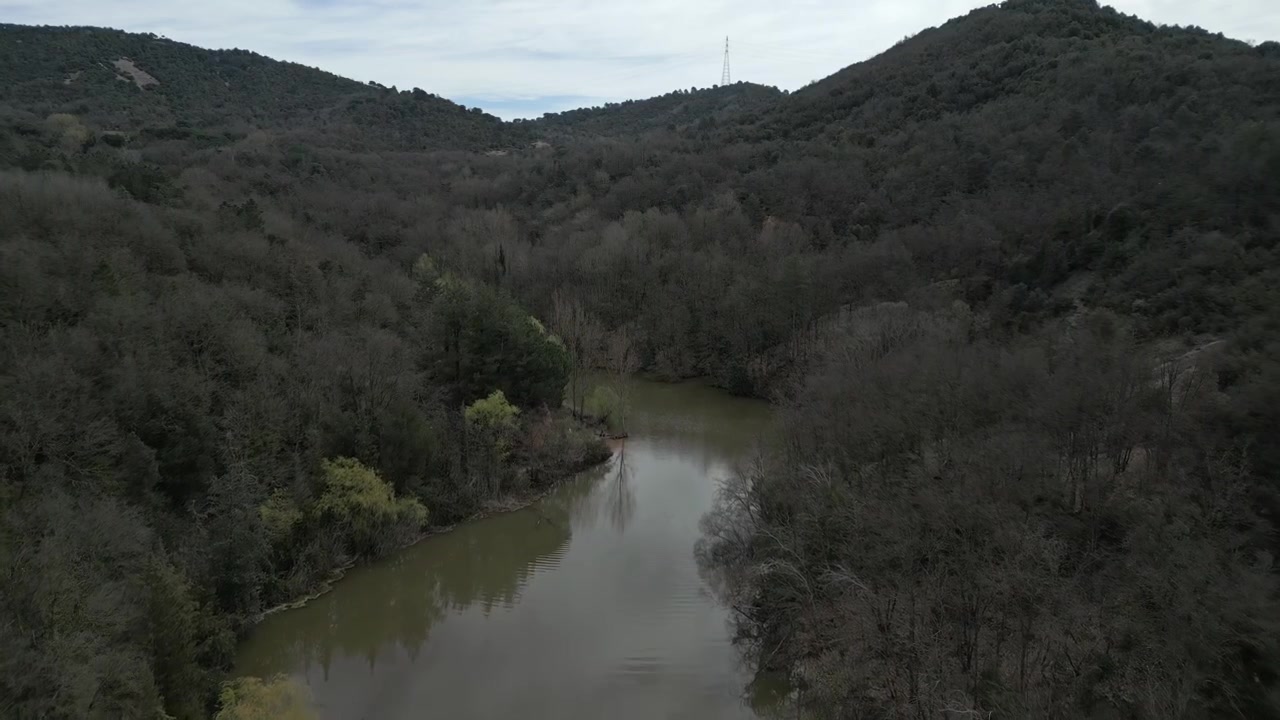 Vista aérea em avanço sobre um pântano tranquilo e uma pequena barragem cercados por uma densa floresta de árvores sem folhas no inverno, revelando uma bela paisagem montanhosa catalã na Espanha