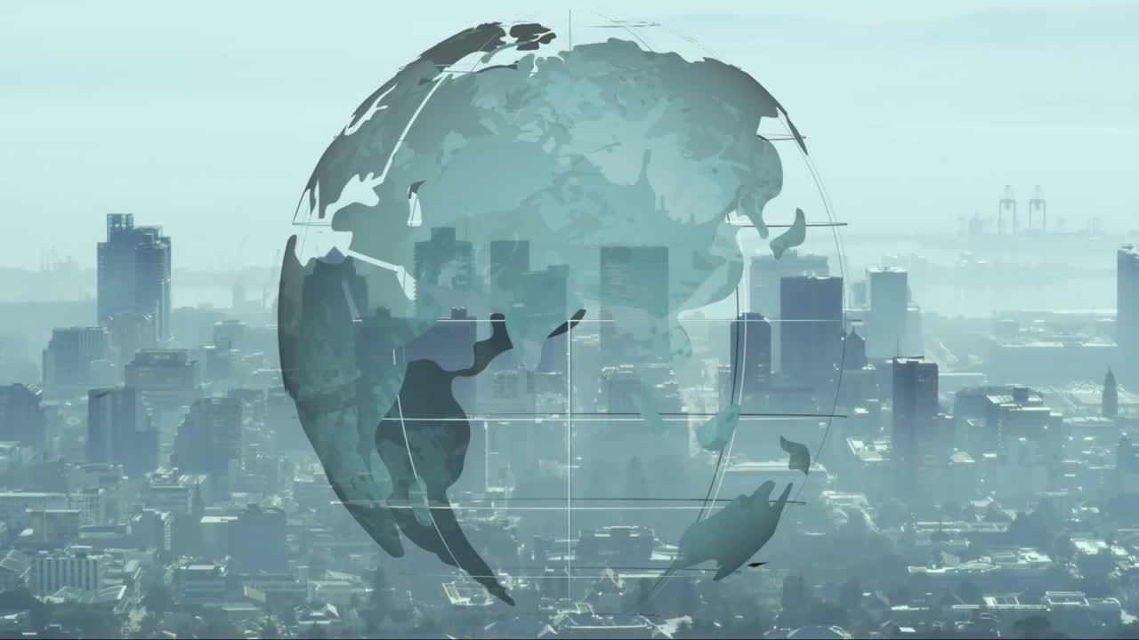 3D render globe overlay floating above cityscape, highlighting grid lines and distant port cranes