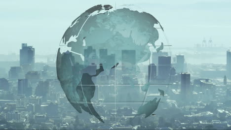 3d render globe overlay floating above cityscape, highlighting grid lines and distant port cranes