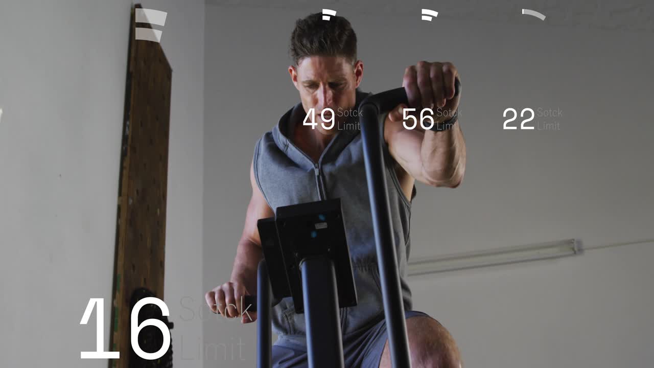 Man gripping handles, reading console in gym, digital meters climbing, pushing to peak then easing