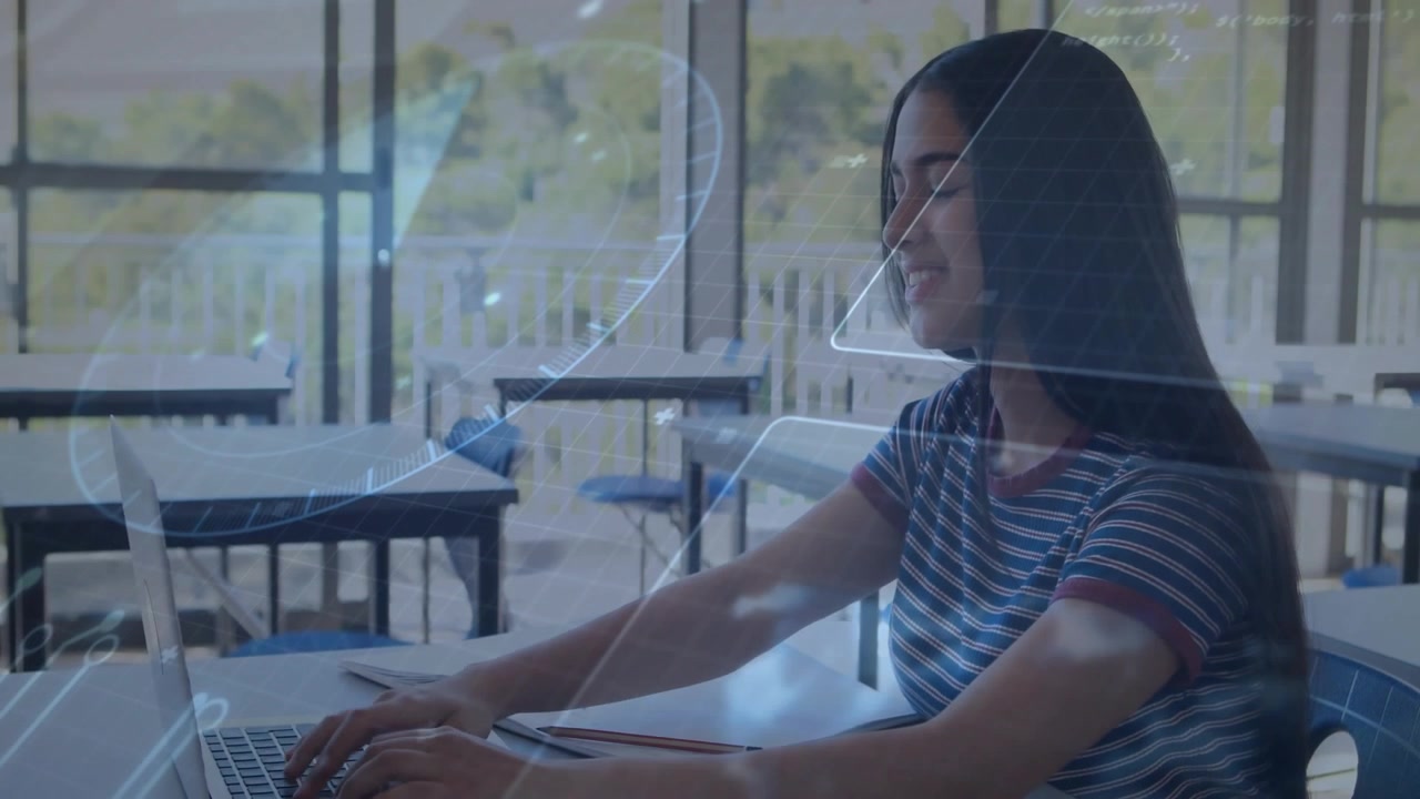 Student typing on laptop by window, tapping pad and causing HUD overlay shifting while studying