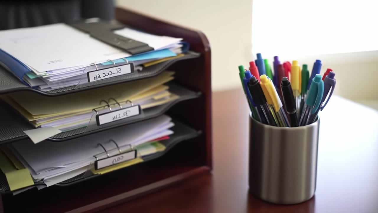 An Organized Workspace Displaying File Folders and Colorful Writing Instruments in a Bright Office Environment