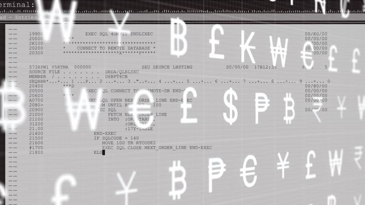Animation of multiple currency symbols moving over programming language on screen