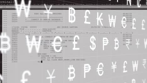 animation of multiple currency symbols moving over programming language on screen