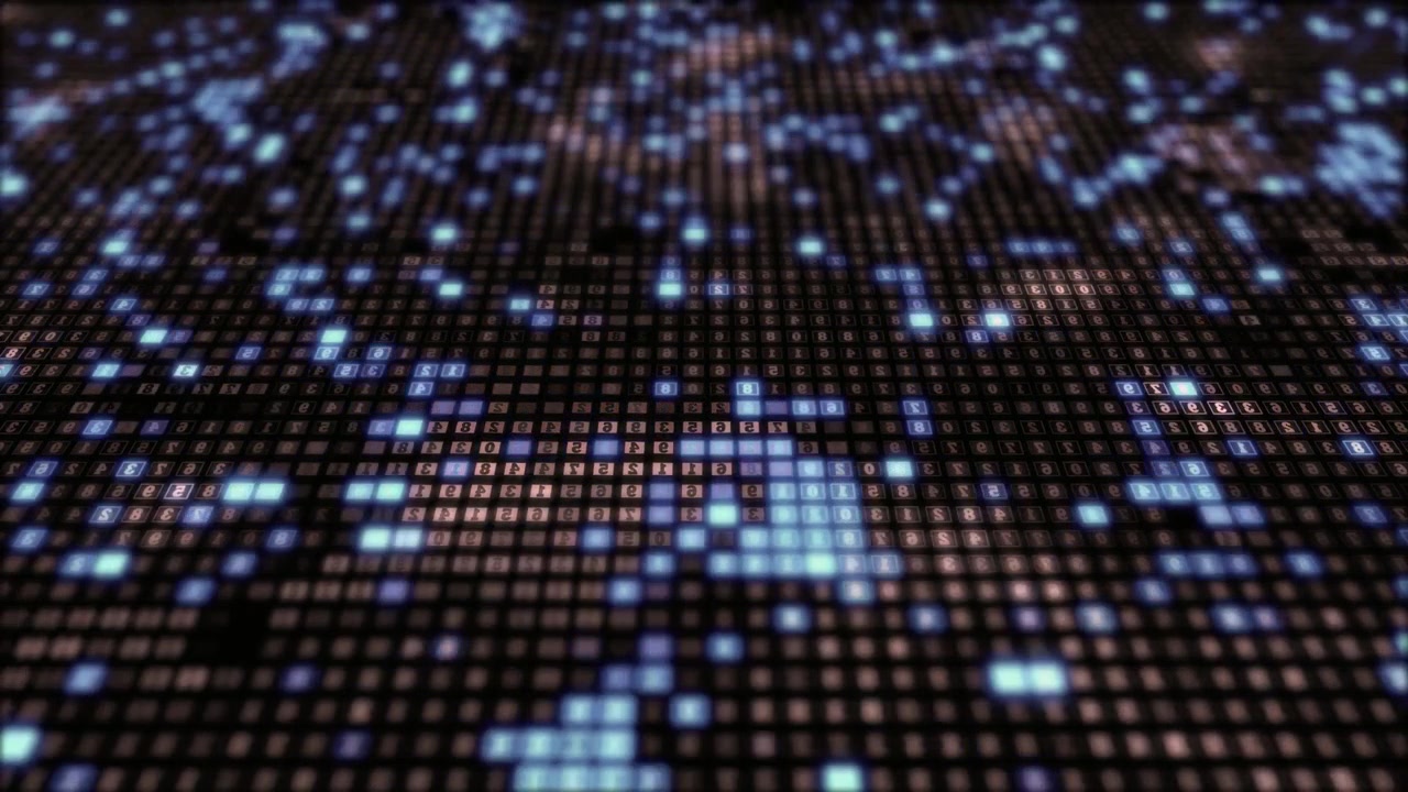 Blue Glowing Characters and Numbers on a Digital Grid