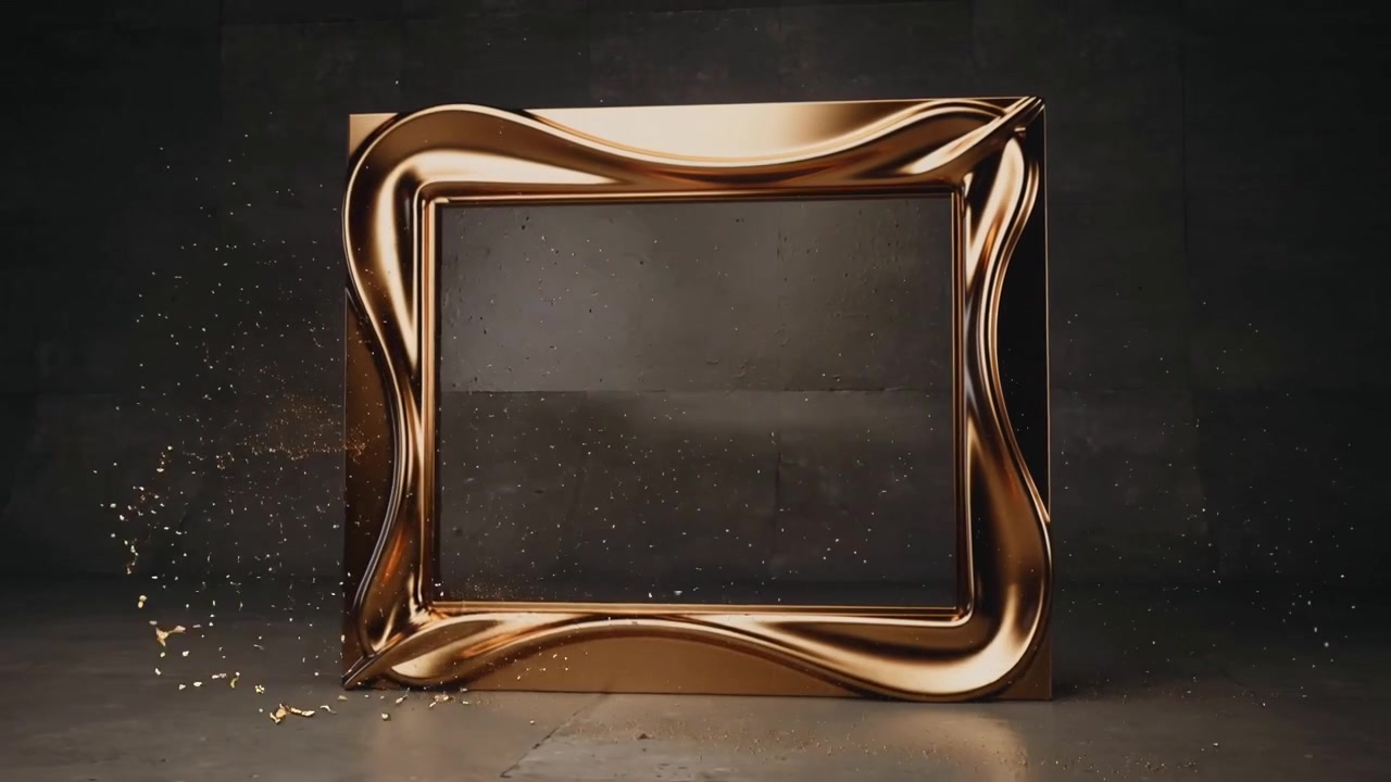 Flusso d'oro impetuoso che ripara una cornice metallica quadrata in studio, sigillando l'angolo rotto.