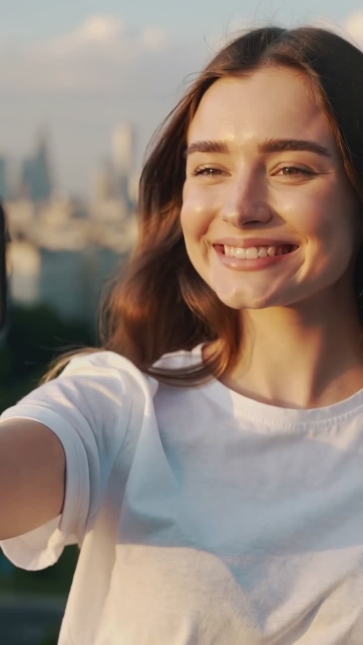 Dikey video: Beyaz tişörtlü, gülümseyen bir kadının telefonu kol mesafesinde tutarak şehir manzarasıyla selfie çekmesi.