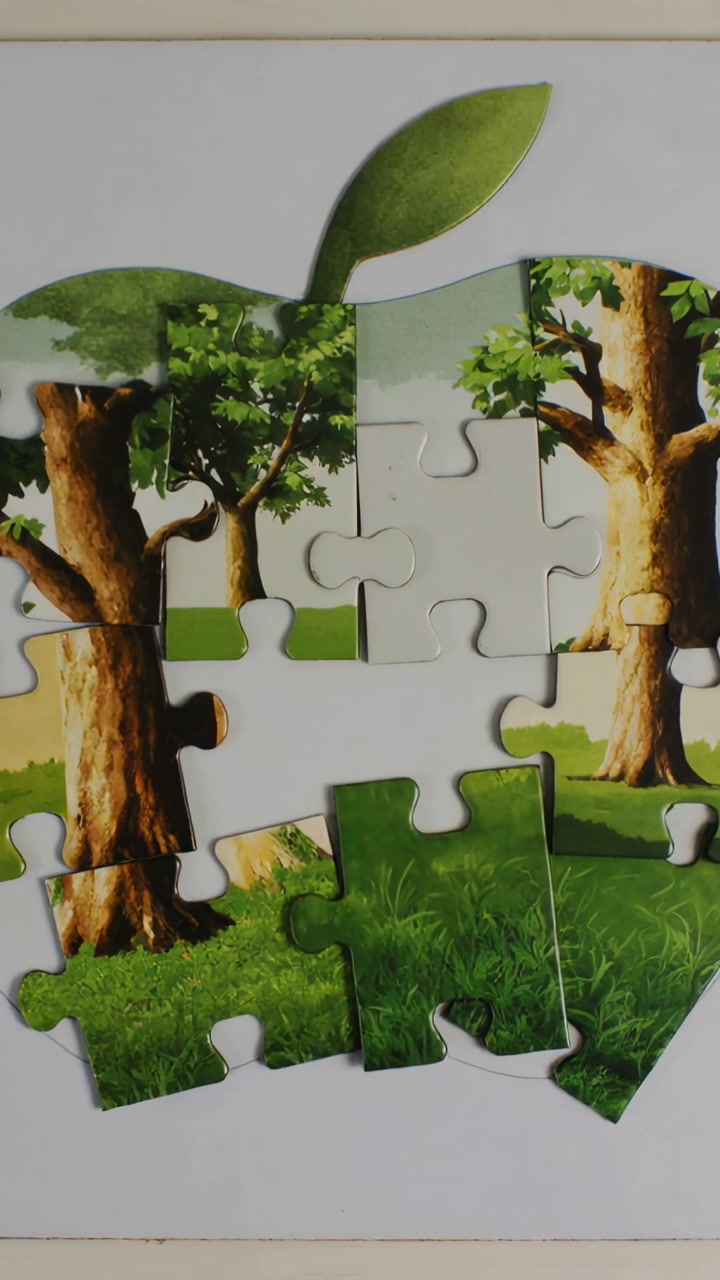Vertical video: Camera capturing jigsaw puzzle assembling on light table, completing leaf and grass