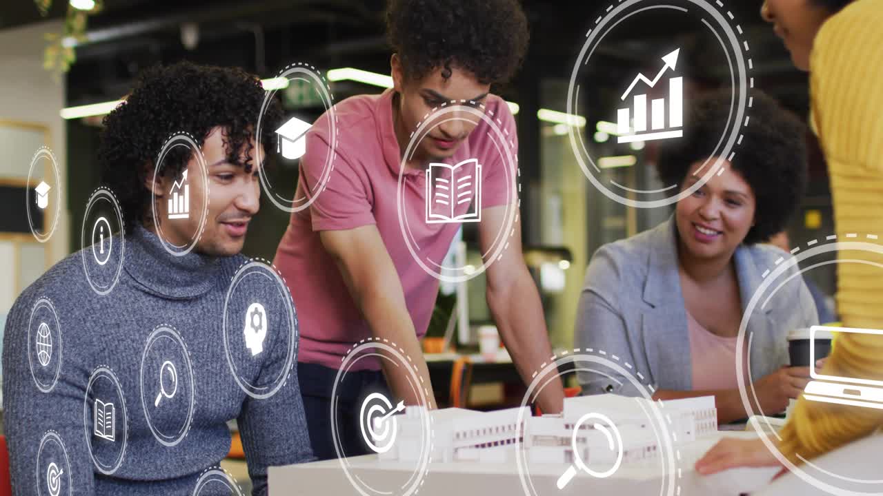 Design team tuning model, lead pointing while yellow reaching starting placing, icons marking model