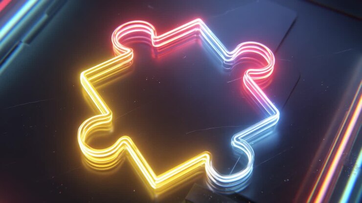 Un puzzle digitale dai colori vivaci che si illumina su uno sfondo scuro, catturando l'essenza della connettività e della risoluzione dei problemi in un design visivamente sorprendente