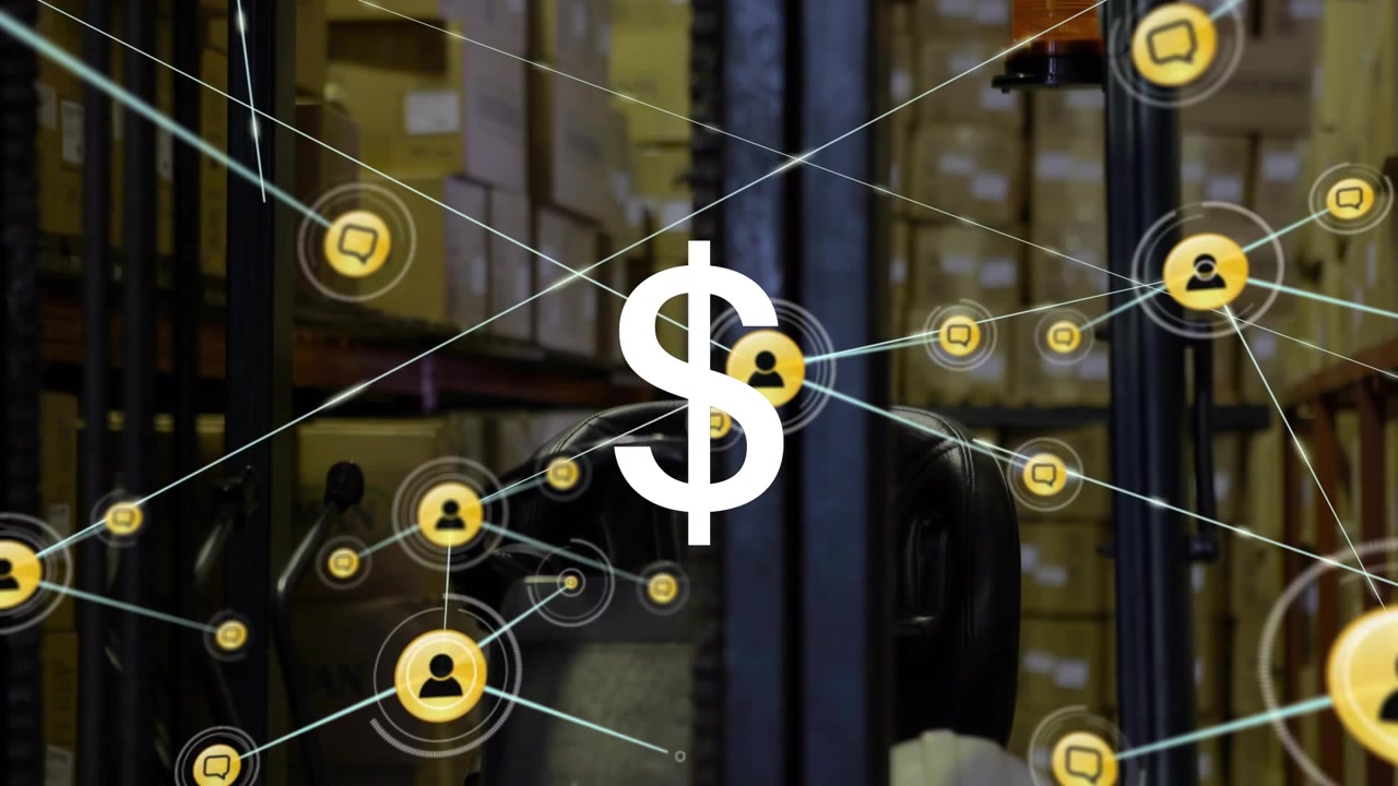 Digital Dollar Symbol and Network Connections in Warehouse