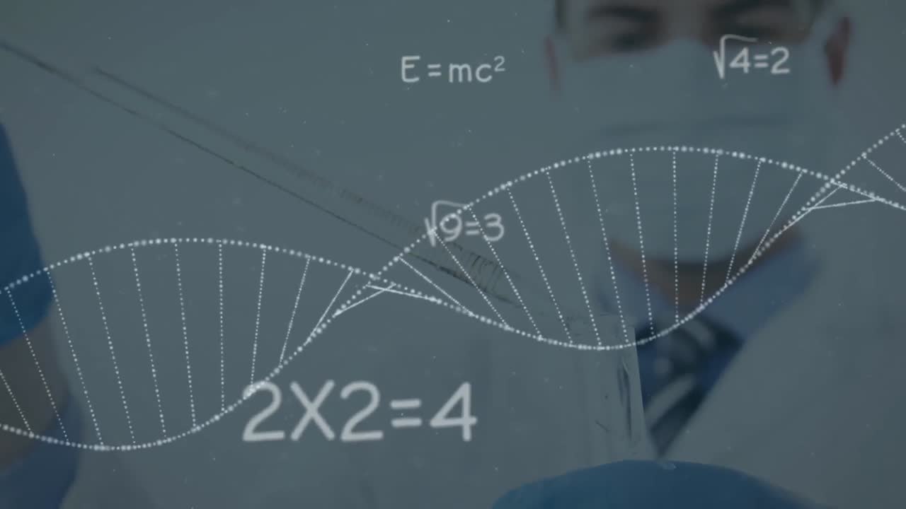 마스크를 쓴 과학자에 대한 dna와 수학적 방정식.