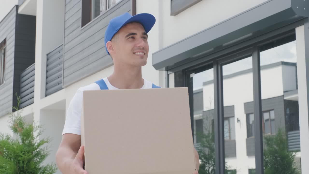 joven mensajero con un paquete y una tableta caminando por la calle para entregar una caja directamente a la casa de un cliente.
