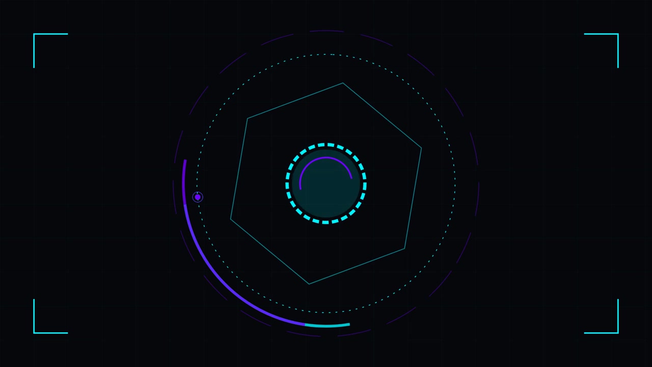 Futuristic Digital HUD Interface with Rotating Hexagon and Circular Elements
