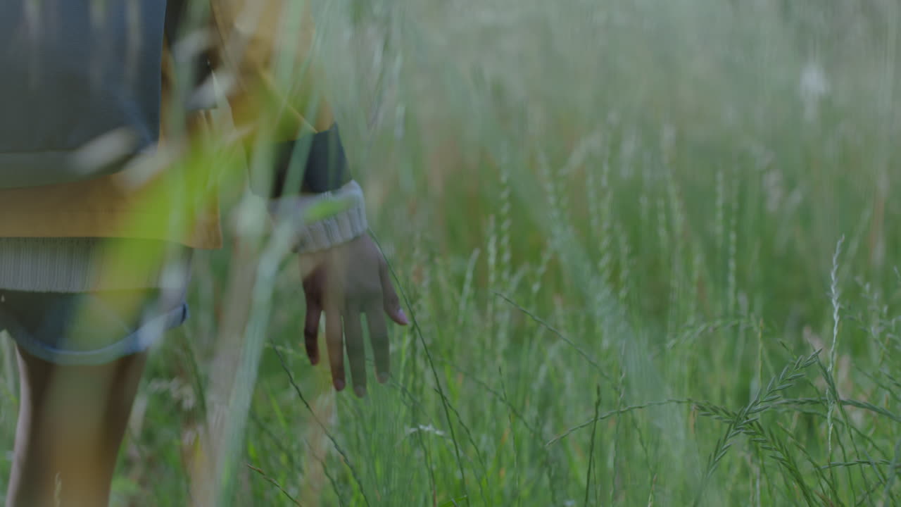 가까운 젊은 여성의 손이 풀을 만지고  ⁇ 에서  ⁇ 는 여성 혼자 야외에서 조용하고 평화로운 여행을하고 있습니다.