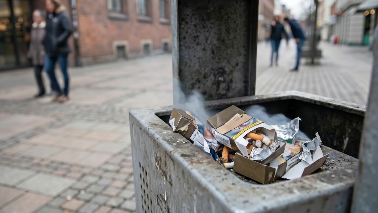 Primo piano di un cestino metallico esterno pieno, contenente pacchetti di sigarette e rifiuti.