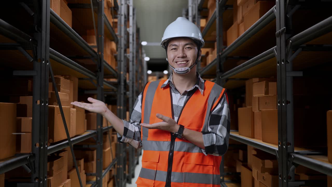 ingeniero masculino asiático con casco de seguridad de pie en el almacén con estantes llenos de mercancías de entrega. sonriendo y señalando a un lado recomienda algo en el almacenamiento