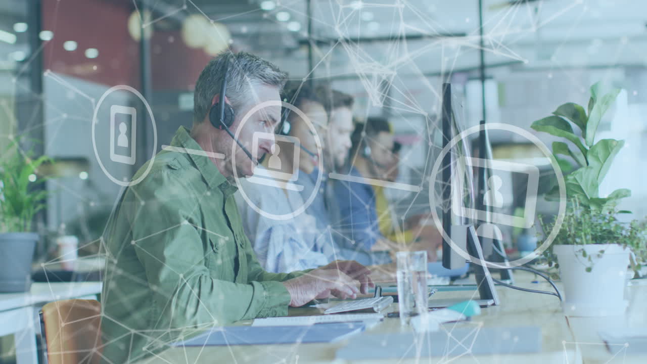 사무실에서 일하는 다양한 비즈니스 사람들에 대한 아이콘과 연결 네트워크의 애니메이션