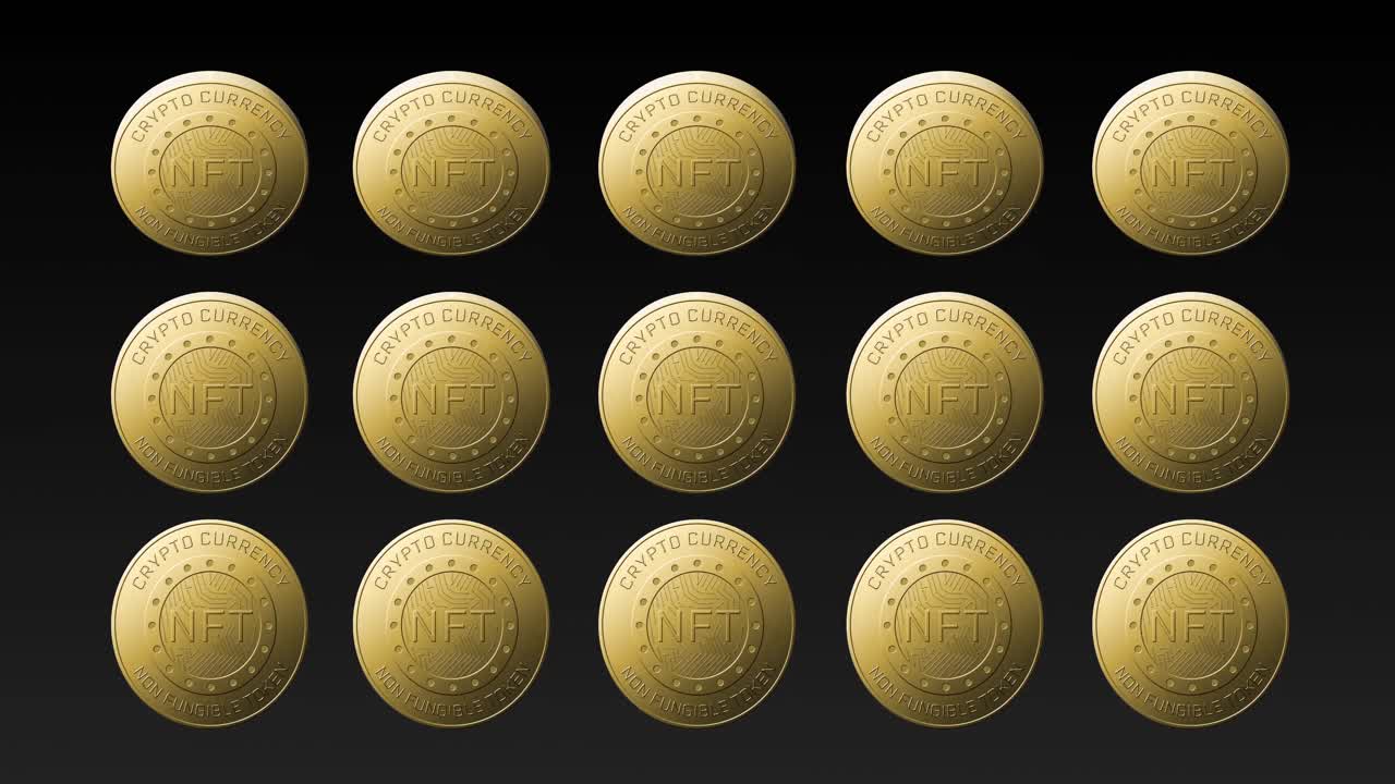 검은색 배경에 회전하는 황금 nft 동전 줄의 애니메이션