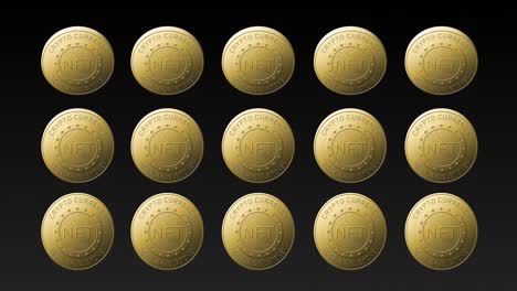 animation of rows of golden nft coins spinning on black background