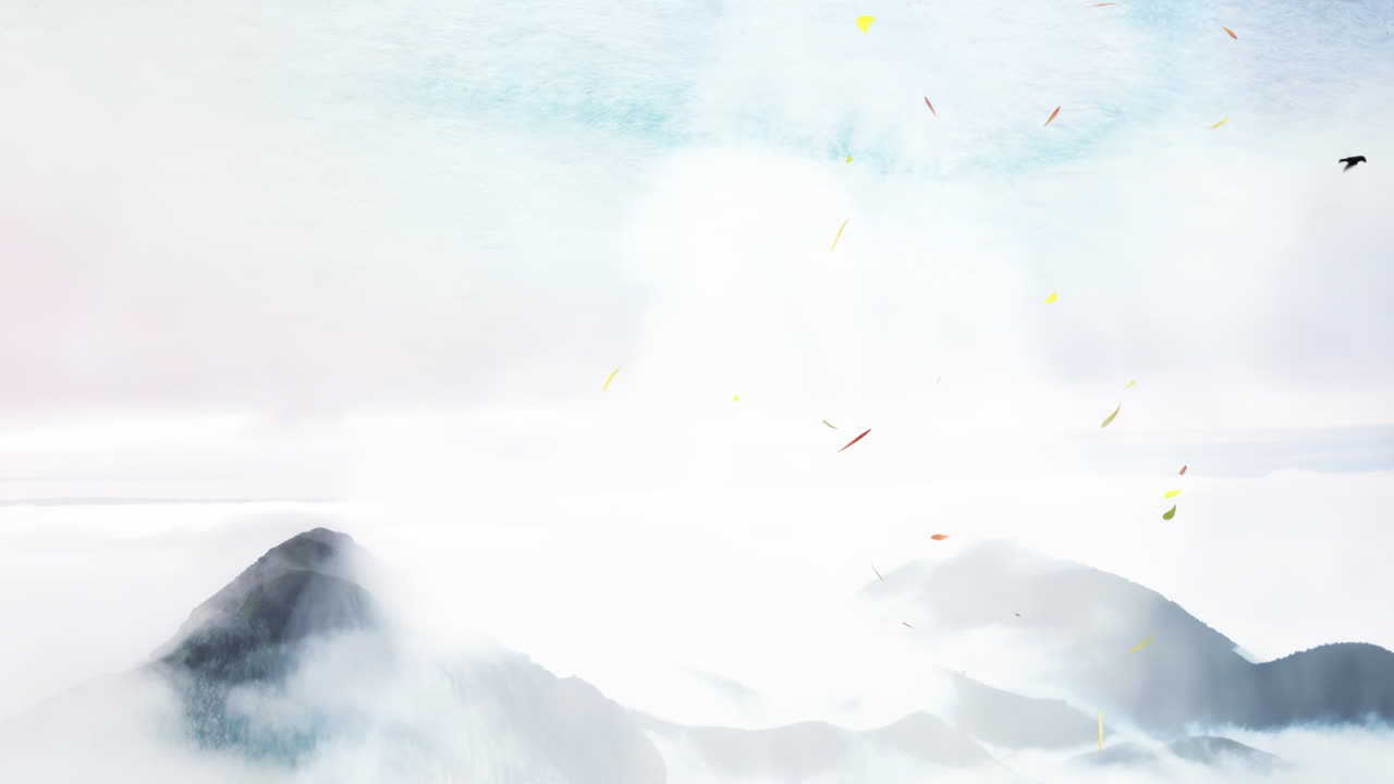 신비로운 풍경: 중국의 전통적인 동양 디지털 예술 애니메이션, 중국 레트로 페인팅 잉크, 꽃, 나무, 새, 흐린 배경의 강