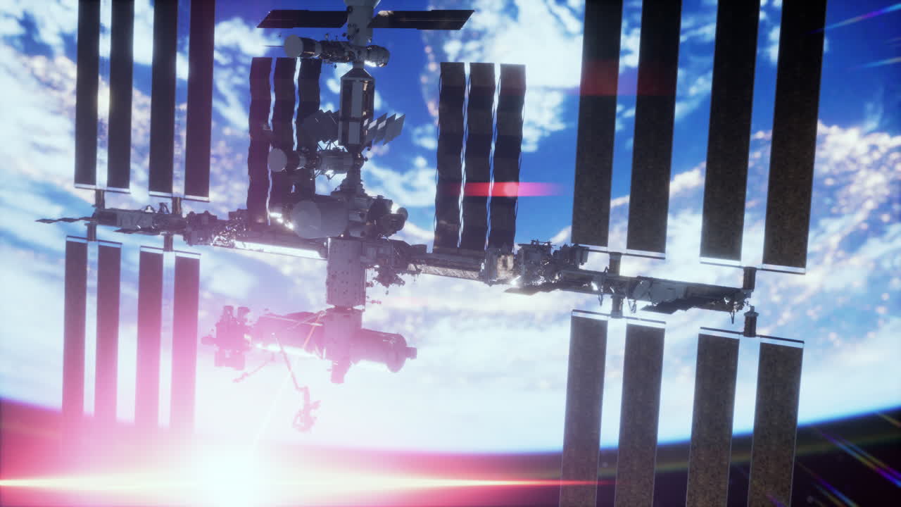 지구  ⁇ 도 위의 우주 공간에 있는 국제 우주 정거장