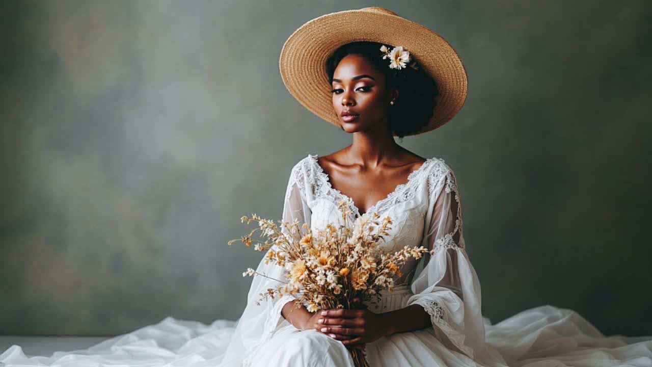 Elegante donna afroamericana in abito da sposa vintage