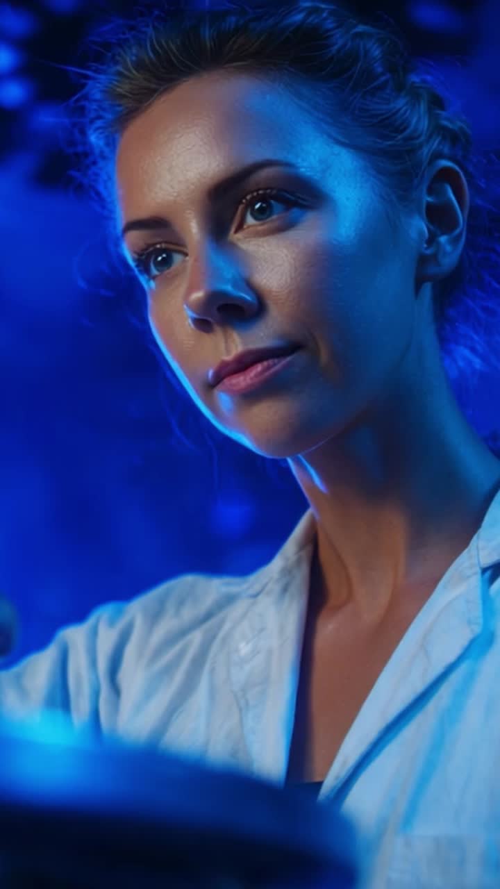 Una artista centrada e inmersa en su proceso creativo, iluminada por una cautivadora luz azul, capturando un momento de concentración y expresión artística.