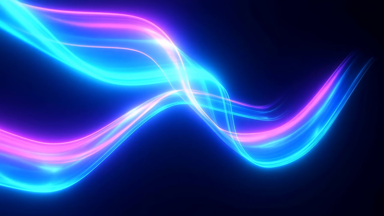 Neon Ribbons Flowing Across Dark Background, Blue And Pink Luminous Bands Twisting With Silky Motion And Soft
