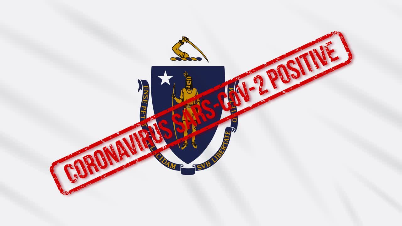 massachusetts estado de ee.uu. bandera balanceada estampada con respuesta positiva al ciclo de covid-19