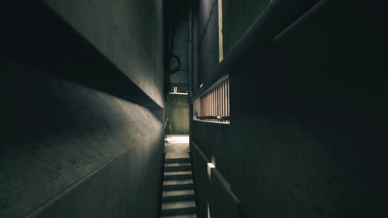 Dilapidated urban stairwell illuminated by natural light and textured surfaces