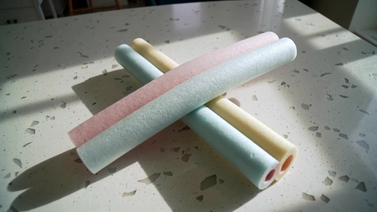 Shifting sunlight and moving camera changing light bands on kitchen counter showing pastel tubes