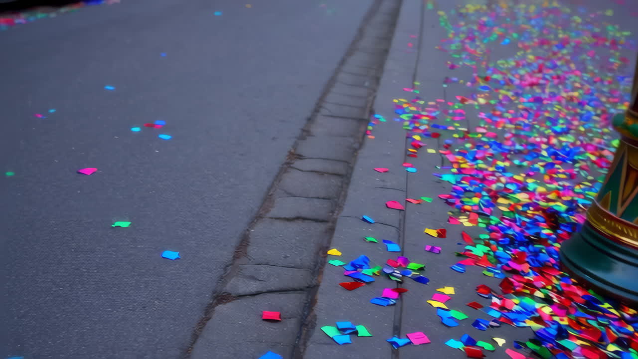 Colorful Street Celebration with Confetti and Decorative Drums