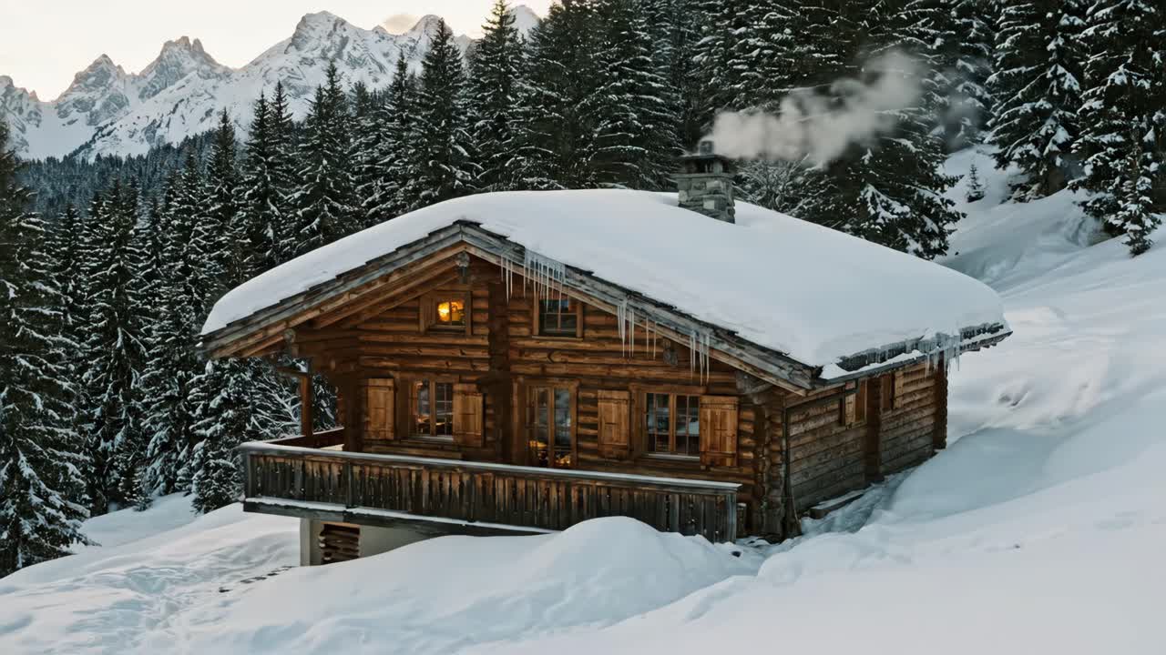 Chalet en bois douillet dans une forêt de montagne enneigée, avec de la fumée s’échappant de la cheminée.
