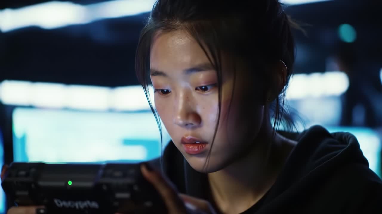 A young woman intensely focused on a gaming device in a dimly lit environment, showcasing concentration, excitement, and digital interaction with technology