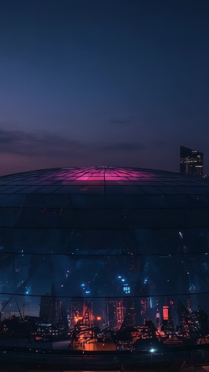 Vertical video: Pulsing magenta LED array brightening dome at dusk, reflecting city lights