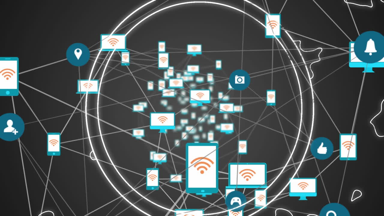 Icone di rete di connessioni su cerchi su sfondo nero