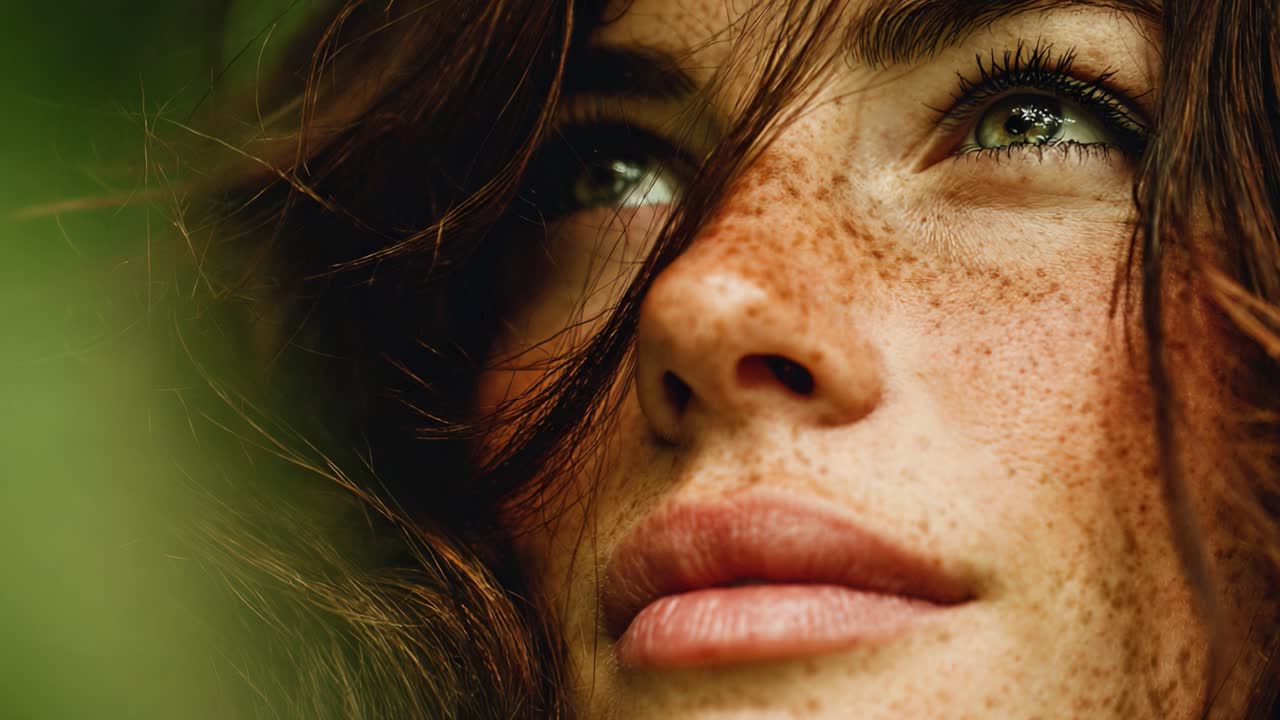 A Captivating Close-Up of a Freckled Face with Lush Green Background, Showcasing Natural Beauty and Intriguing Expressions in Soft Lighting