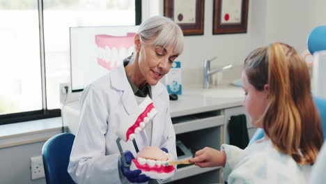 dentist explaining teeth cleaning to a young patient