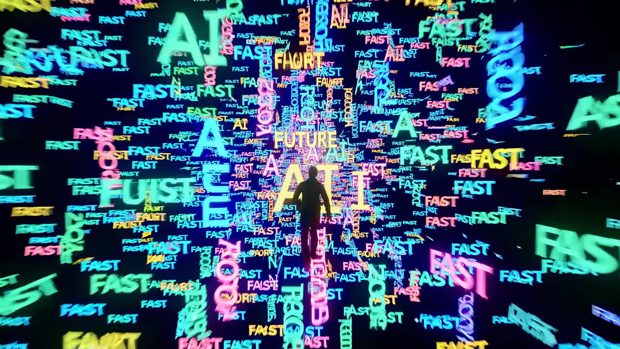 Dynamic video concept with a silhouette at center, surrounded by colorful, fast-moving text