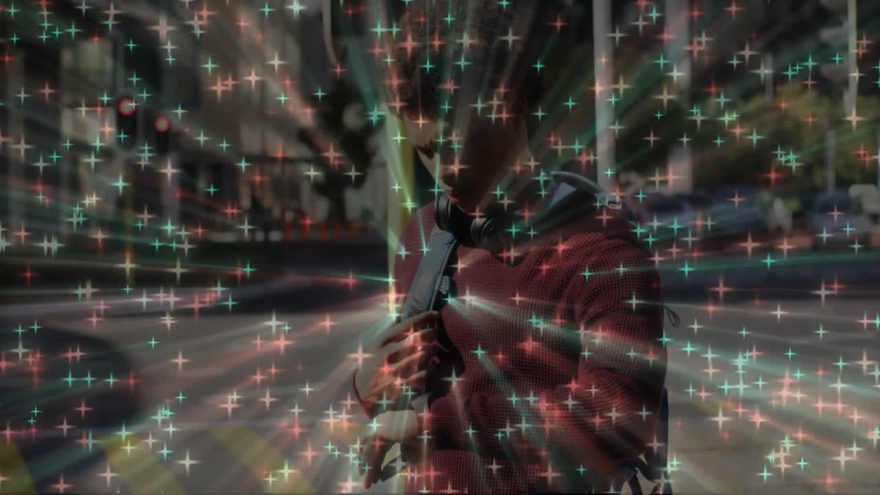 Man checking wristwatch at city crosswalk, showing animated starburst overlay for technology design