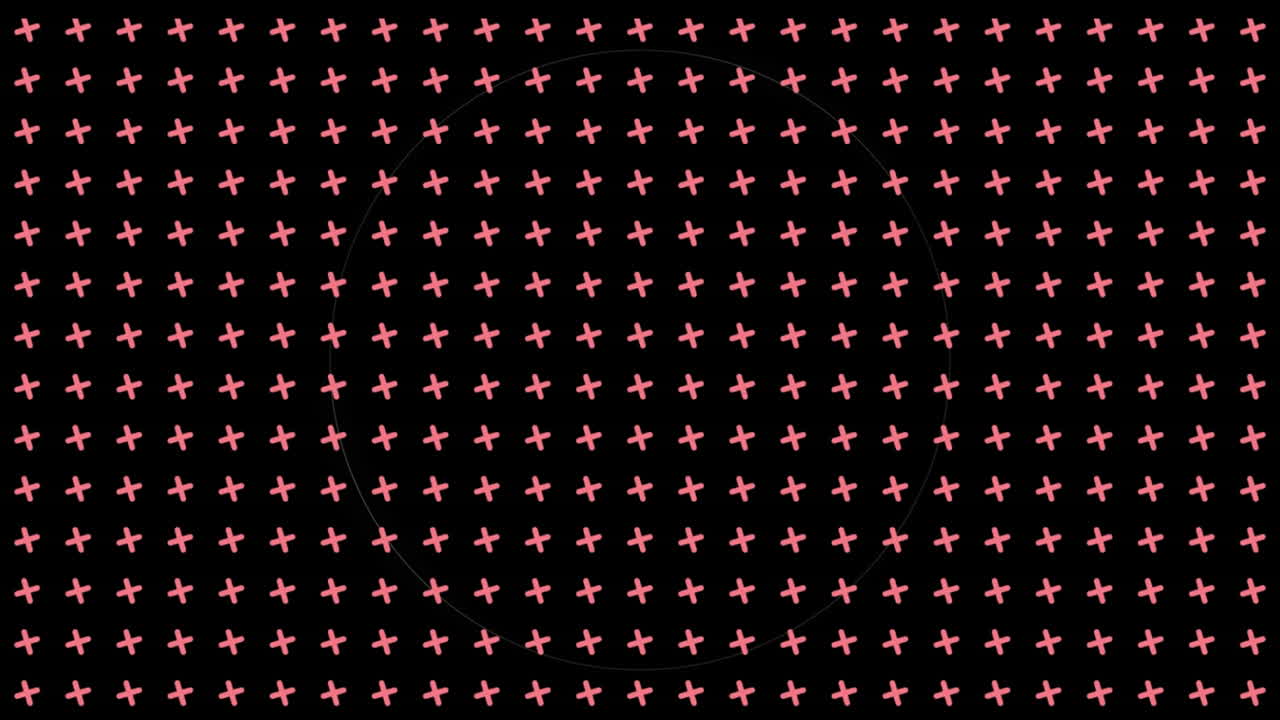 Animation of flashing white data loading rings over grid of rotating pink crosses on black
